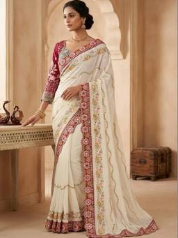 Akhilam - Women's Pure Georgette Cream Zari Embroidered Exclusive Saree