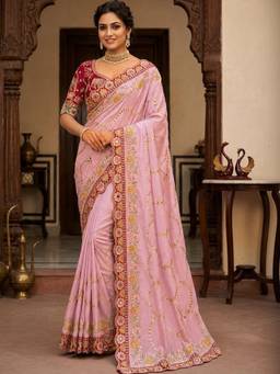 Akhilam - Women's Pure Georgette Pink Zari Embroidered Exclusive Saree