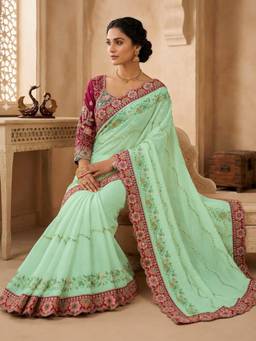 Akhilam - Women's Pure Georgette Light Green Zari Embroidered Exclusive Saree