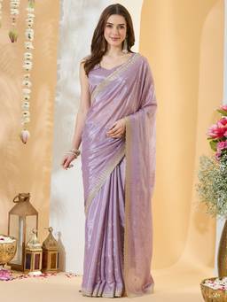 Sareemall - Women's Satin Lavender Zari Embroidered Designer Festive Exclusive Saree