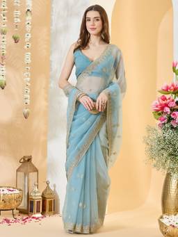 Sareemall - Women's Tissue Light Blue Zari Embroidered Festive Exclusive Saree