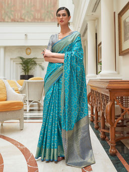 Odette - Festive Blue Silk Blend Woven Saree with Unstitched Blouse