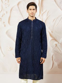 Vastramay - Mens Navy Blue Georgette Embroidered Stylish Kurta