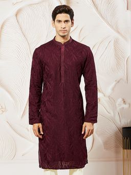 Vastramay - Mens Wine Georgette Embroidered Stylish Kurta