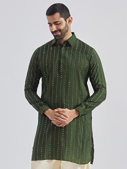 Vastramay - Mens Green Silk Blend Foil Printed Shirt Collar Kurta