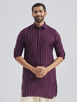 Vastramay - Mens Purple Silk Blend Foil Printed Shirt Collar Kurta