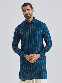 Vastramay - Mens Turquoise Silk Blend Foil Printed Shirt Collar Kurta