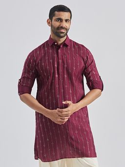 Vastramay - Mens Wine Silk Blend Foil Printed Shirt Collar Kurta
