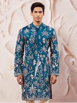 Vastramay - Mens Turquoise Silk Blend Embroidered Traditional Kurta