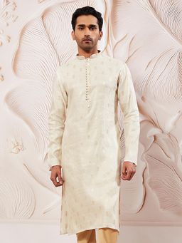 Vastramay - Mens Cream Jacquard Kantha Work Traditional Kurta