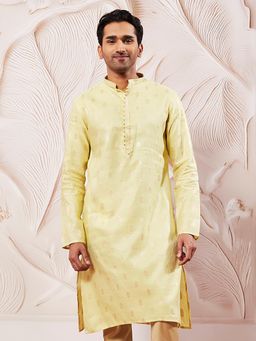 Vastramay - Mens Yellow Jacquard Kantha Work Traditional Kurta