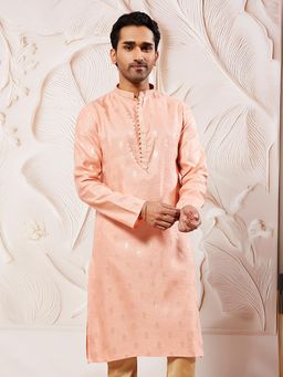 Vastramay - Mens Peach Jacquard Kantha Work Traditional Kurta