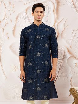 Vastramay - Mens Navy Blue Silk Blend Sequined Embroidered Kurta