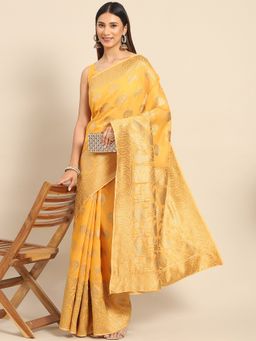 Akhilam - Womens Cotton Blend Mustard Woven Design Celebrity Saree with Unstitched Blouse