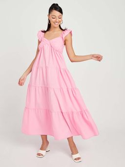 Styli - Pink Ruffle Cap Sleeves Sweetheart Neck A-line Tiered Maxi Dress