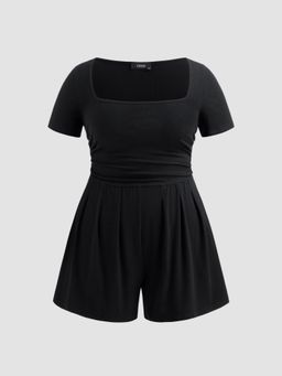 Cider - Cotton-blend Square Neck Solid Ruched Pocket Romper Curve & Plus