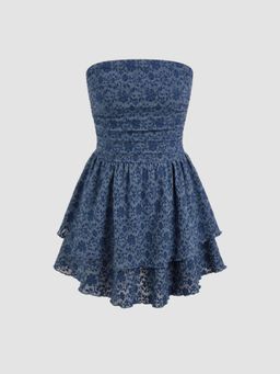 Cider - Lace Floral Ruched Layered Mini Dress