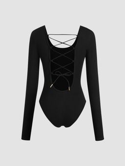 Cider - Seamless Round Neckline Solid Lace Up Bodysuit