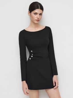 Cider - Boat Neck Ruched Split Long Sleeve Mini Dress