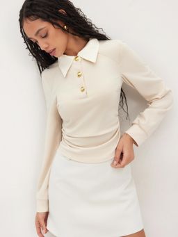 Cider - Collar Ruched Long Sleeve Top