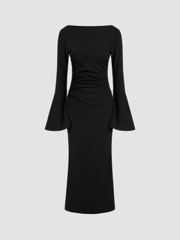 Cider - Boat Neck Ruched Bell Sleeve Maxi Dress