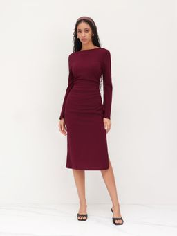 Cider - Boat Neck Ruched Bell Sleeve Maxi Dress