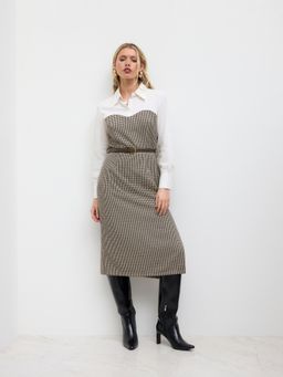 Cider - Collar Houndstooth Two Tone Patched Midi Dress With Belt