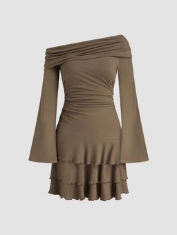 Cider - Asymmetrical Neck Ruched Layered Mini Dress