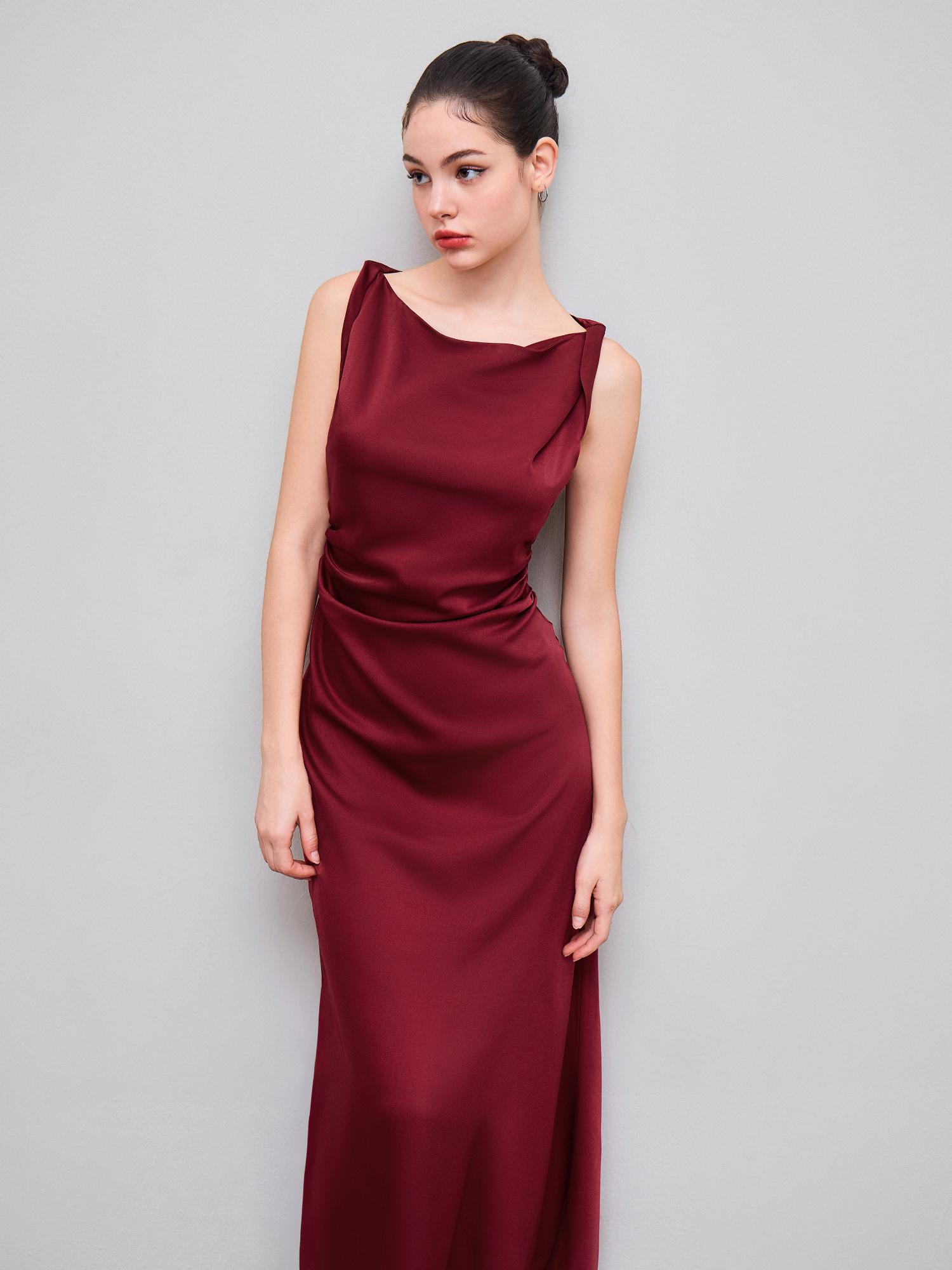 Satin Boat Neck Ruched Maxi Dress