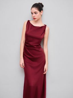 Cider - Satin Boat Neck Ruched Maxi Dress