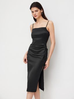 Cider - Satin Square Neck Ruched Split Bowknot Midi Dress