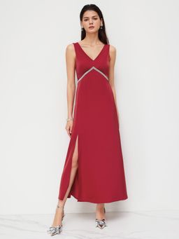 Cider - Satin V-neck Split Rhinestone Maxi Dress