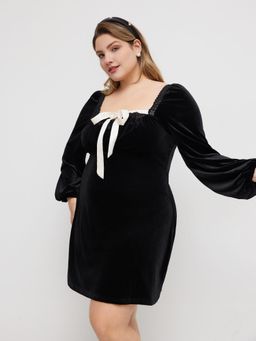 Cider - Velvet Square Neck Knotted Lace Mini Dress Curve & Plus