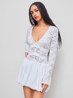 Cider - Lace V-neck Bow See-through Bubble Hem Mini Dress