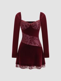 Cider - Velvet Scoop Neckline Floral Patched Mini Dress