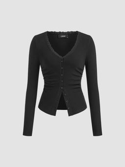 Cider - Cotton-blend V-neck Lace Trim Button Up Top