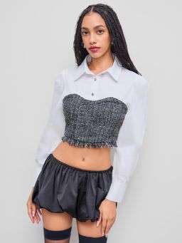 Cider - Tweed Collar Patchy Fringe Crop Blouse