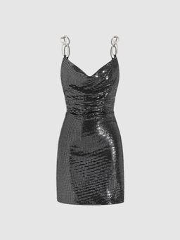 Cider - Sequin Cowl Neck Rhinestone Shoulder Straps Mini Dress