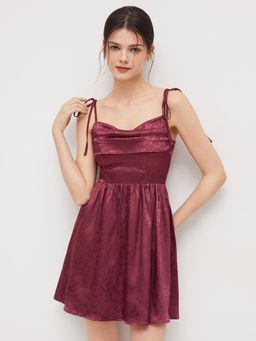Cider - Satin Cowl Neck Floral Lace Up Mini Dress