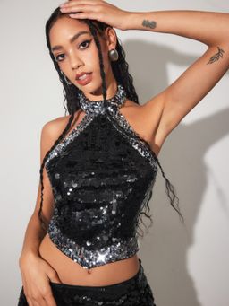 Cider - Sequin Halter Neckline Contrasting Binding Crop Tank Top