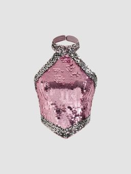 Cider - Sequin Halter Neckline Contrasting Binding Crop Tank Top