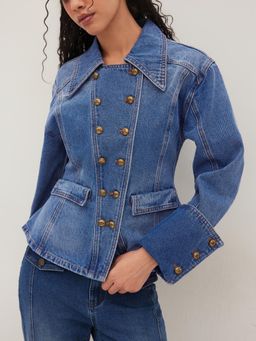 Cider - Denim Double Breasted Curved Hem Jacket