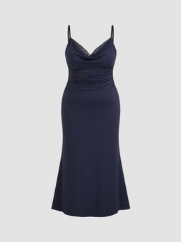 Cider - V-neck Ruched Lace Trim Maxi Dress Curve & Plus