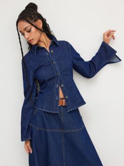 Cider - Denim Stand Collar Bell Sleeve Blouse Shirt