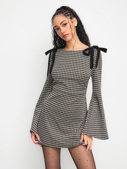 Cider - Cotton-blend Boat Neck Gingham Bowknot Ruched Mini Dress