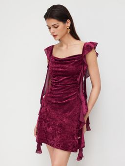 Cider - Velvet Cowl Neckline Ruffle Hem Mini Dress