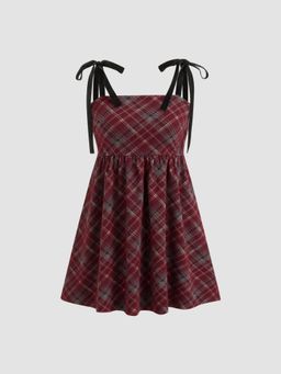 Cider - Jacquard Square Neck Plaid Knotted Mini Dress