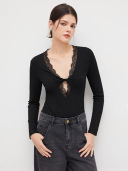 Cider - V-neck Lace Twist Long Sleeve Bodysuit
