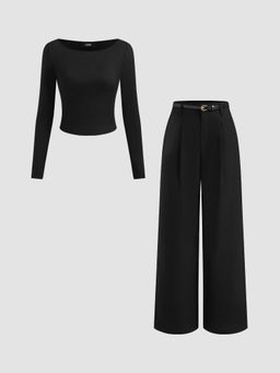 Cider - Boat Neck Long Sleeve Top & Mid Rise Straight Leg Trousers With Belt (Set of 3)