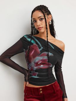 Cider - Asymmetrical Neck Floral Ruched Long Sleeve Top